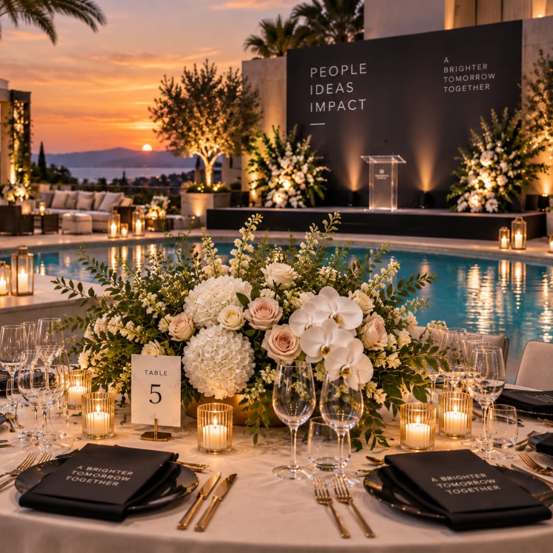 Large white and blush floral centerpiece on a formal event table by a pool at sunset.