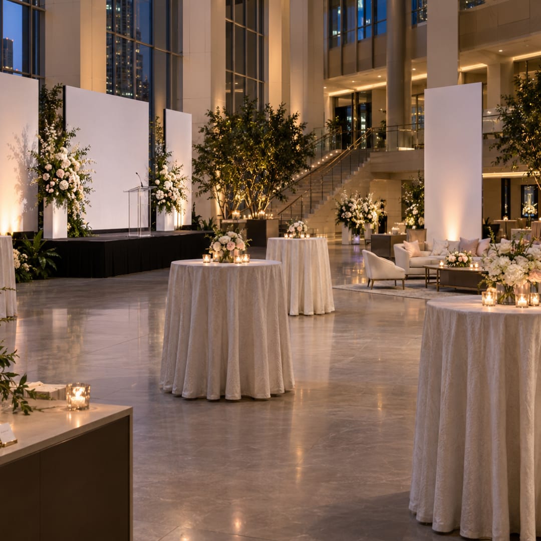 White floral event arrangements in a large modern lobby with draped tables and candles