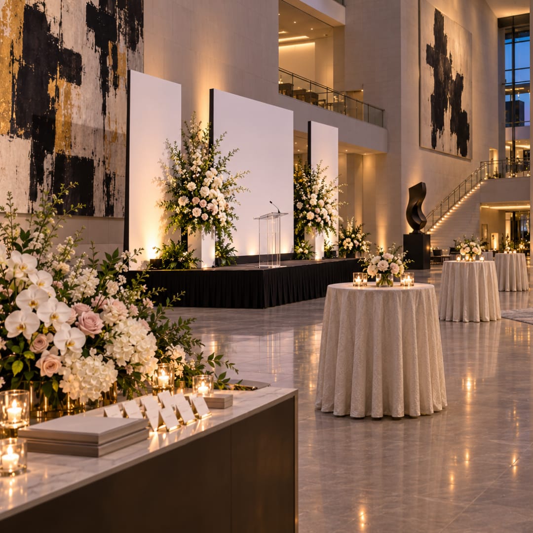 Large white floral arrangements decorate a modern event hall with round tables and candles.