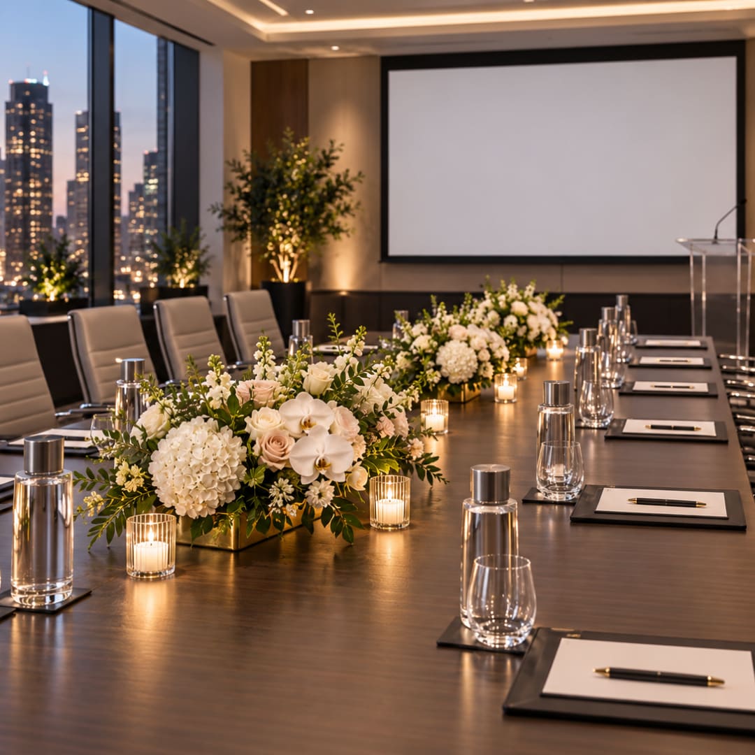 White and blush floral centerpieces on a conference table with candles