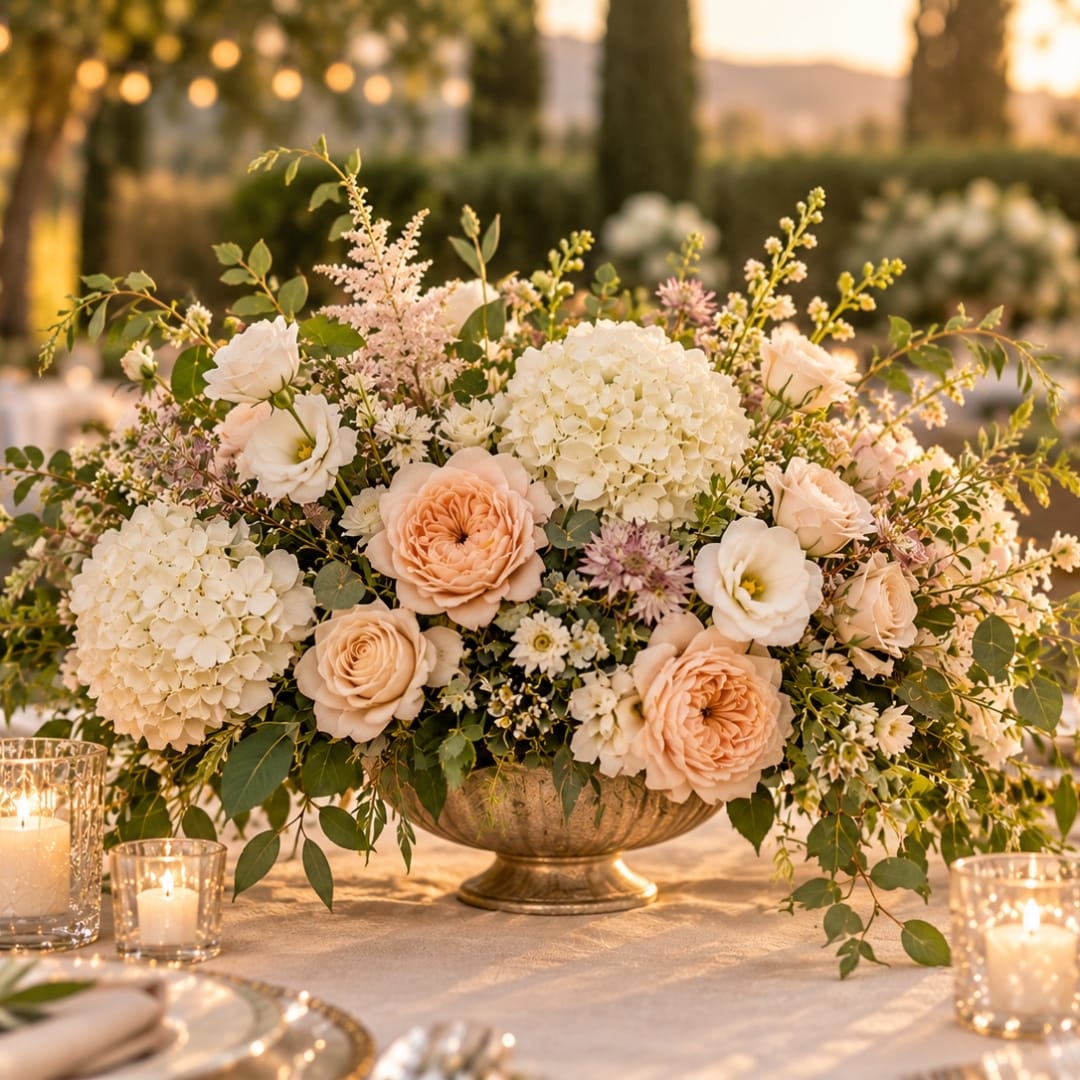 Blush and white floral centerpiece in a gold bowl vase