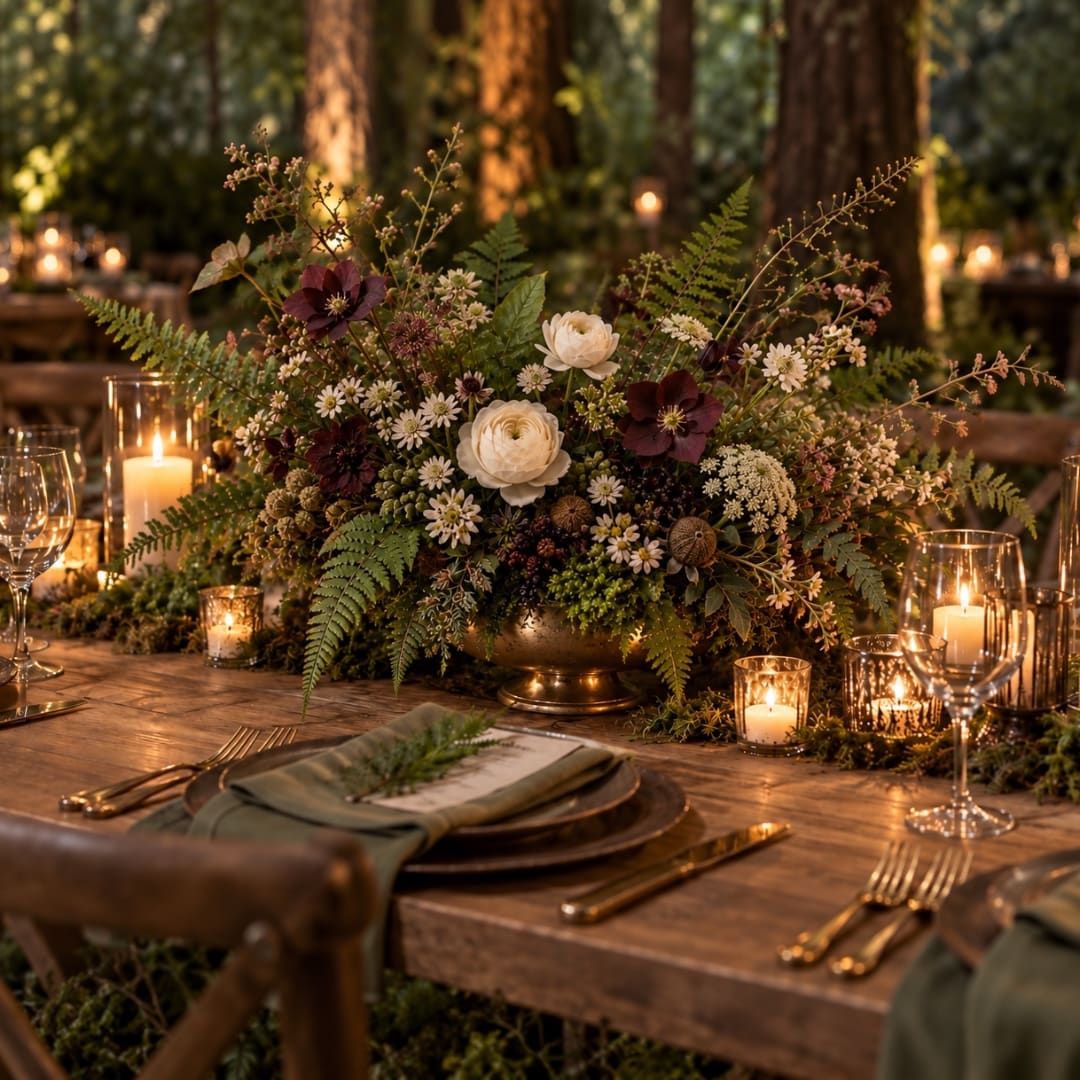 Low floral centerpiece with white and burgundy blooms on a candlelit table