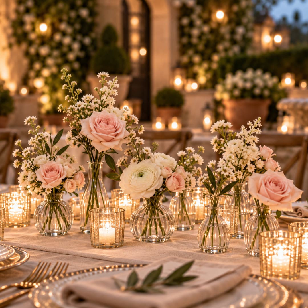 Pink rose and white floral centerpieces in small glass vases on a candlelit table