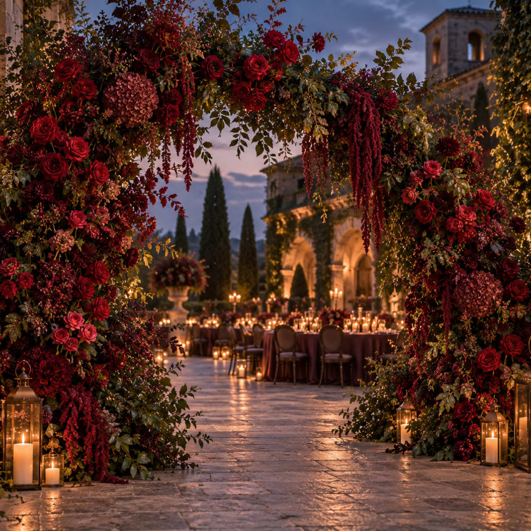 Large floral arch with red roses and candles at an outdoor event venue