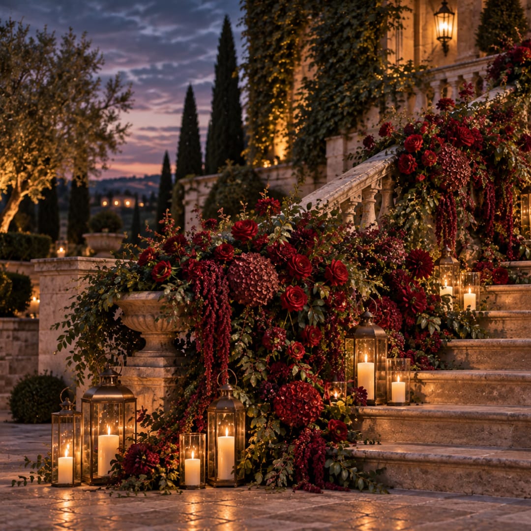 Red floral arrangement with candles on a stone staircase at dusk