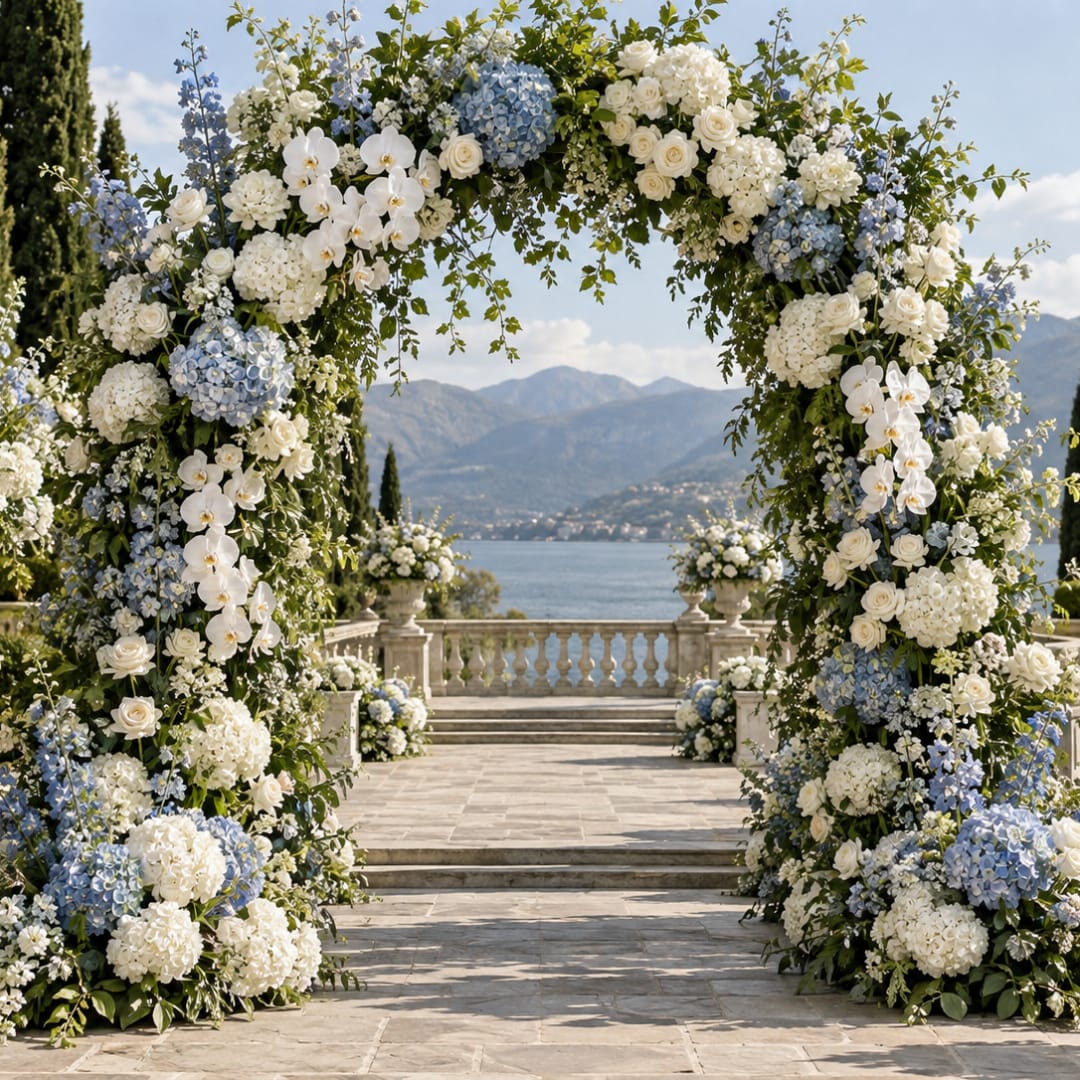 Large floral arch with white and blue flowers overlooking a lake