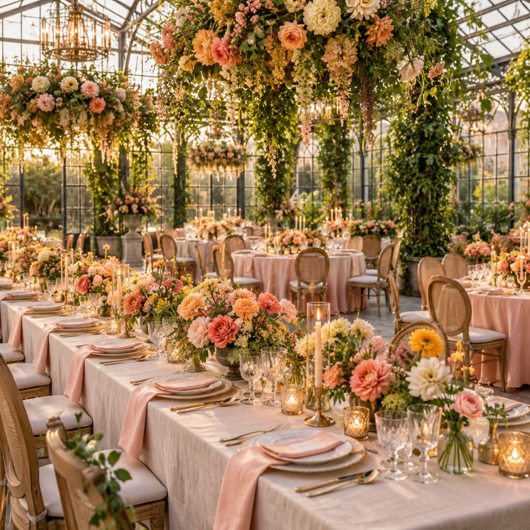 Floral wedding reception tables with pink and peach centerpieces under hanging arrangements