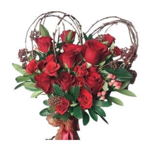 Heart-shaped bouquet of red roses framed with twig loops and tied with a red ribbon