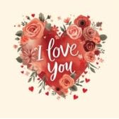 Heart-shaped floral graphic with roses and the words I love you