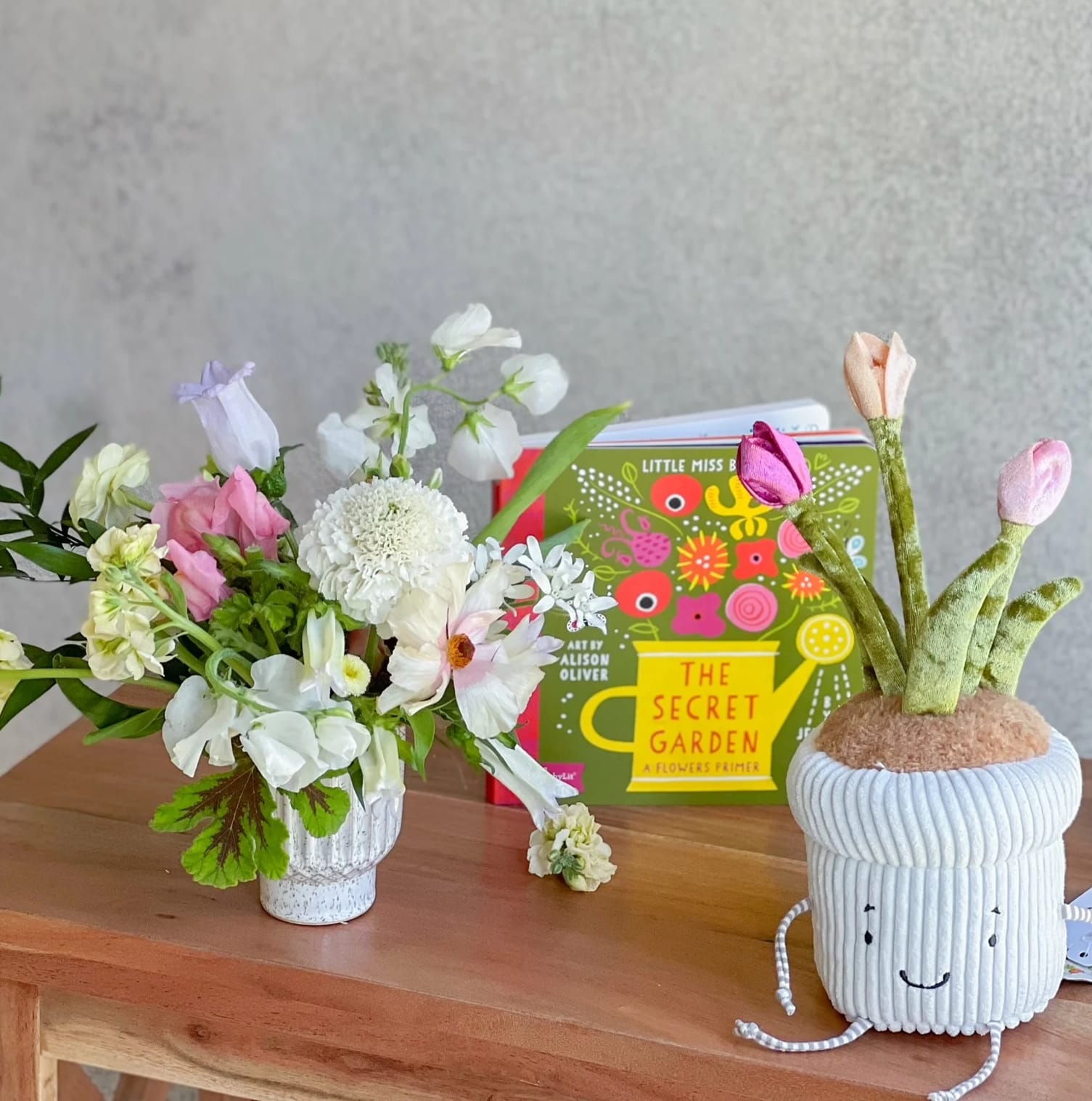 Secret Garden Baby Gift Set  - -"The Secret Garden" picture book, - A small spring floral arrangement, - A Window Silly Pal stuffy - Tulip (10 inches)  - Includes a hand written card 