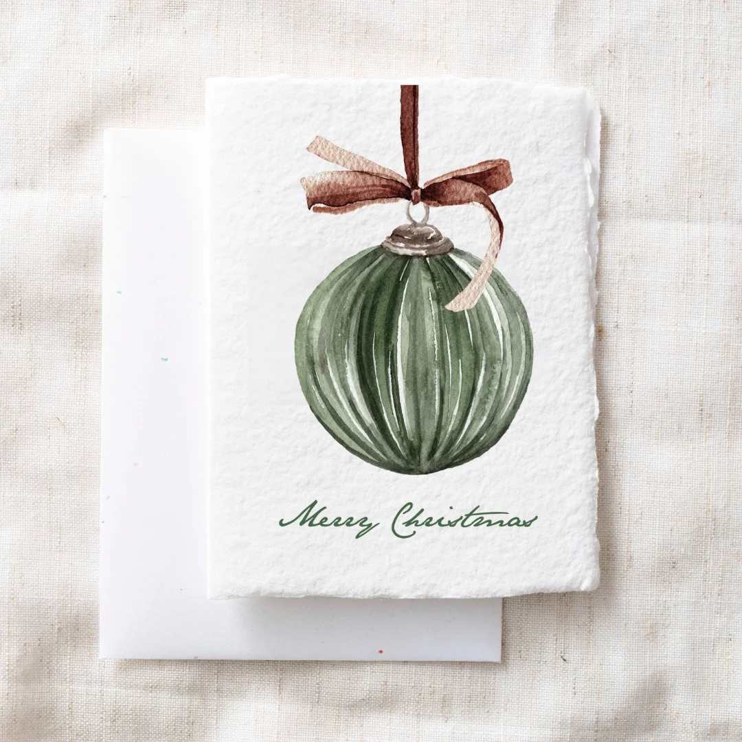 Merry Christmas Ornament | Winter Holiday Greeting Card - Eco-Friendly. Fair Trade. Gives Back. Handmade letterpress cards made from up-cycled cotton rags intended to be discarded by the garment industry. Inspired by textures, letterpress, sustainability, coffee and people.  Ornaments on deckled edge paper can be great Christmas Decor! 