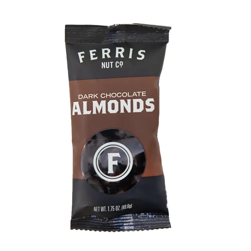 Dark Chocolate Almonds 1.75 oz. - Roasted premium almonds are covered generously in delicious bittersweet dark chocolate for an elegant treat. Elevate your yogurt or ice cream by topping with these almonds, you’ll wish you did sooner! 