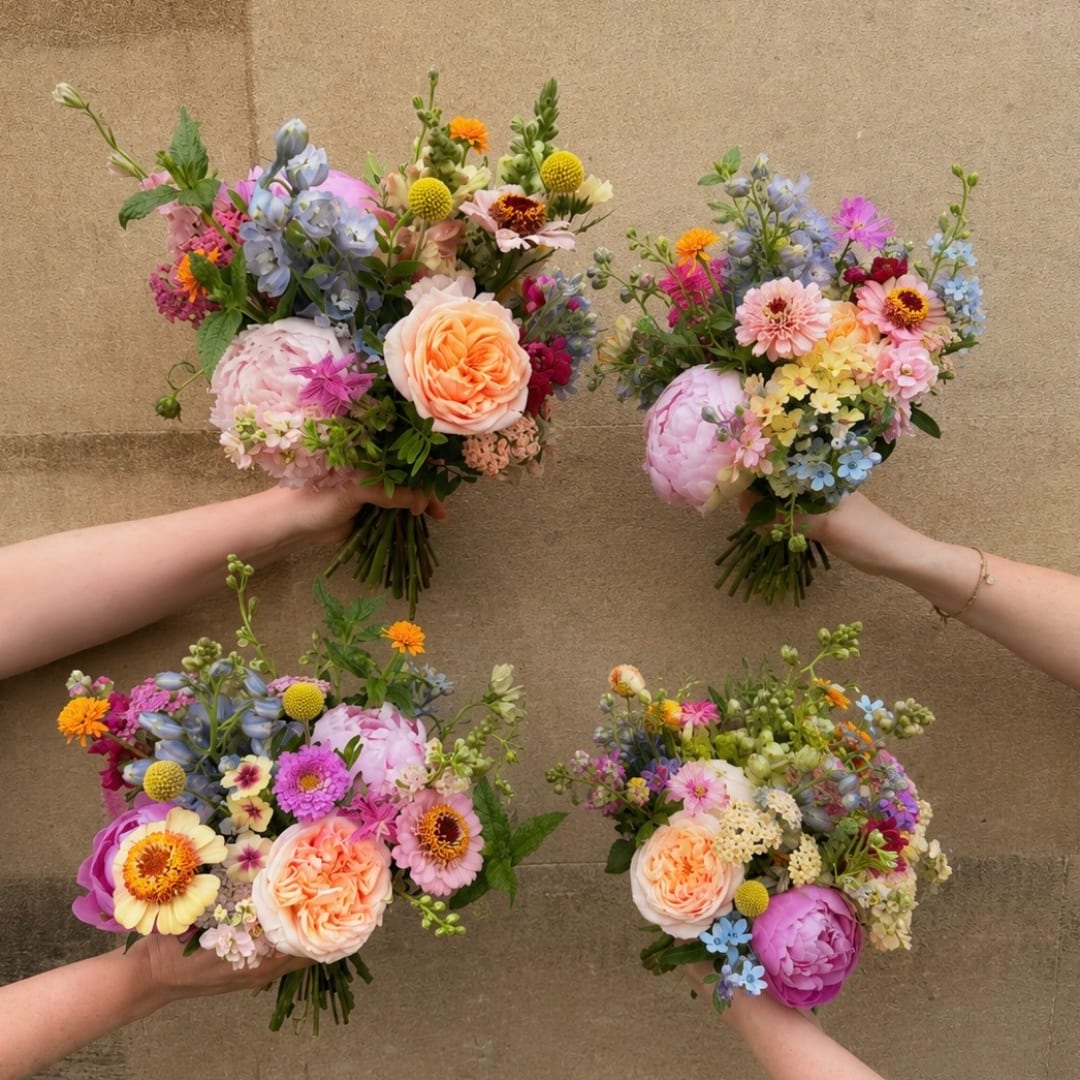 Four colorful hand-tied bouquets with mixed flowers held against a plain wall