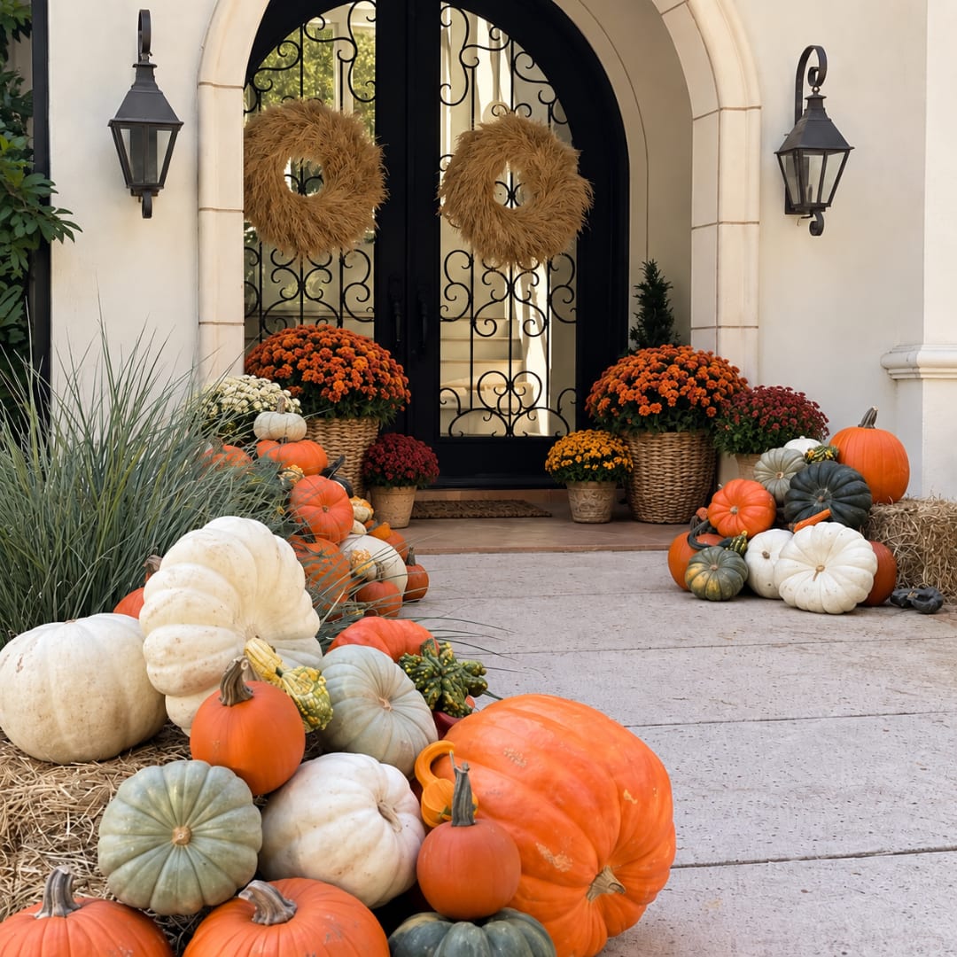 Fall porch display with pumpkins, mums, and wreaths by a front door
