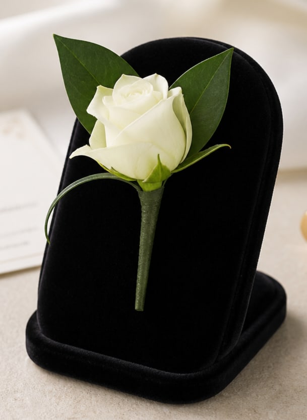 boutonniere - your choice of flower - A single rose  or other flower boutonniere that reads as quietly elegant-the tightly formed bloom against glossy green leaves creates a crisp, formal look ideal for weddings, proms, or any dressy occasion.   This boutonniere features one rose with two glossy green leaves and a slim, neatly wrapped stem for easy pinning. The minimal styling and monochrome contrast (white, green, black), so it pairs beautifully with tuxedos, suits, or traditional bridesmaid and groomsmen attire.  Perfect for the groom, prom date, or anyone you want to mark with understated sophistication, it's the kind of small detail that makes someone feel truly seen on their big night. Order with confidence for  pickup or delivery where available; handle gently and keep cool until pinning to preserve the bloom's fresh, tight form.
