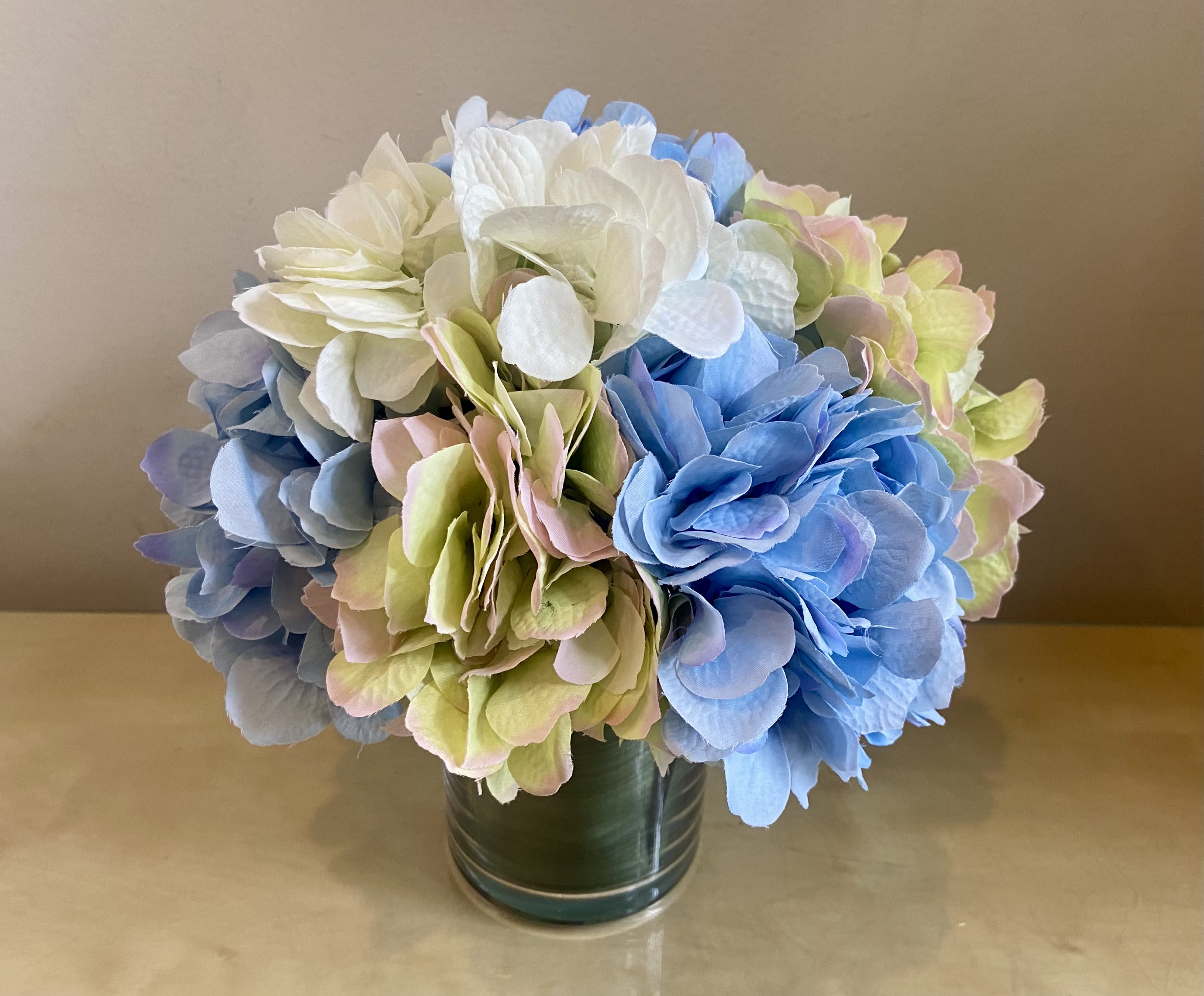 Heavenly Hydrangea - Silk Floral Arrangement - Stunning Silk Hydrangea blossoms in blush, blue &amp; white.  Simple &amp; Elegant.