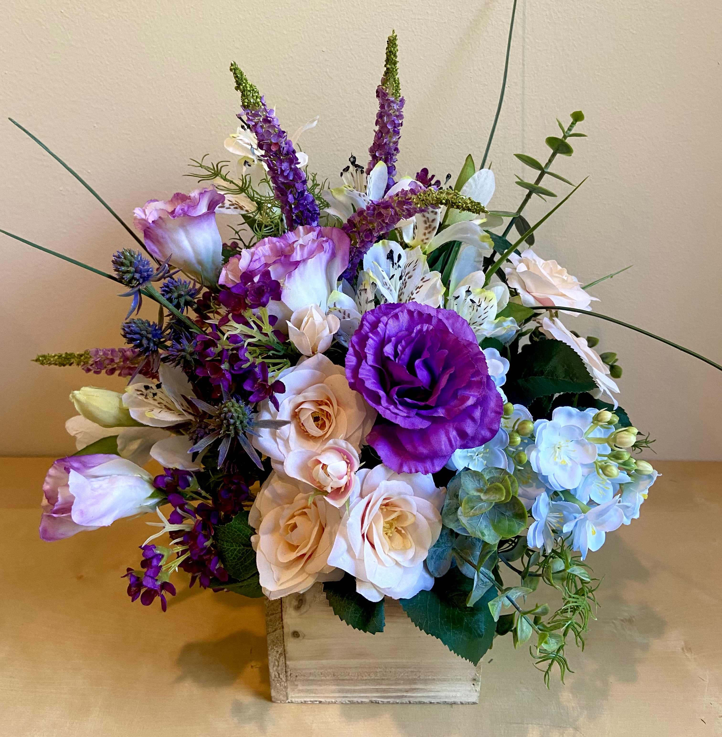Lavender Breeze - Silk Floral Arrangement - Lovely lavender, blue, peach &amp; white silk florals in a rustic wood container.  Lisianthus, lavender, hydrangea, roses, alstromeria &amp; wax flowers with grasses &amp; ferns for a wild meadow feel.