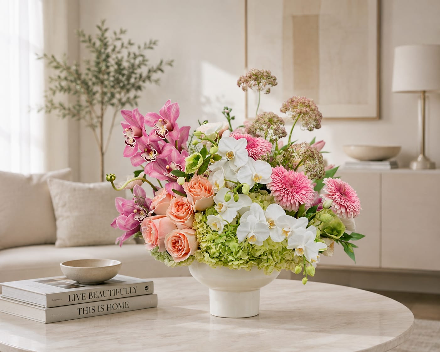 Mixed pink, white, and peach flowers arranged in a white vase