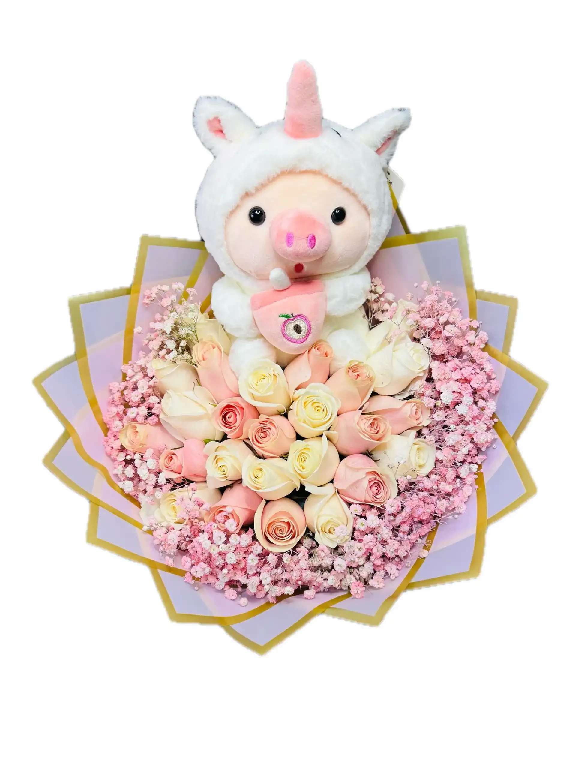 PIG BOUQUET - 25 WHITE AND PINK ROSES PINK BABYBREATH  PINK OR WHITE PAPER ( THE PAPER DESIGN WILL DEPEND ON SUPPLY) 