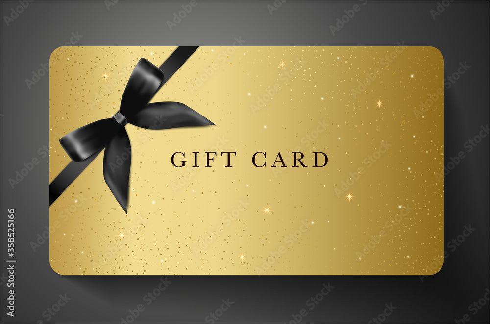 Gold gift card with a black ribbon bow