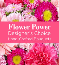 Pink floral bouquet graphic with the text "Flower Power Designer's Choice Hand-Crafted Bouquets"