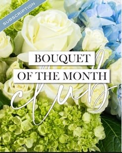Bouquet of white roses, blue flowers, and green hydrangeas