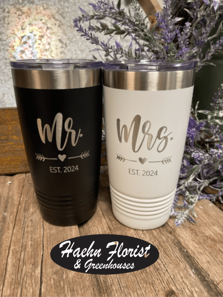 Congrats to the New Mr. &amp; Mrs. Tumblers - A wonderful wedding gift just for the new Mr. &amp; Mrs.! Celebrate the big day with two tumblers with Mr. &amp; Mrs. on the front, and last name on the back. Can be done in the traditional black and white, or mix it up a little with our different color selections.