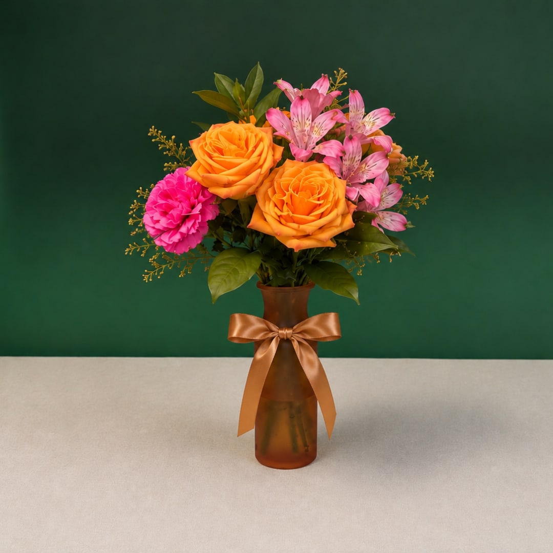 Orange roses and pink alstroemeria in an amber vase with a ribbon