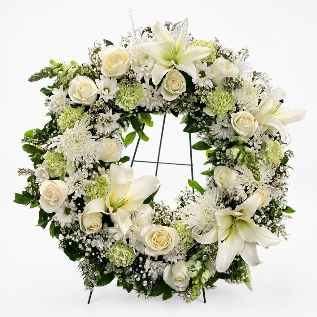 White floral wreath with roses, lilies, and green accents on a stand