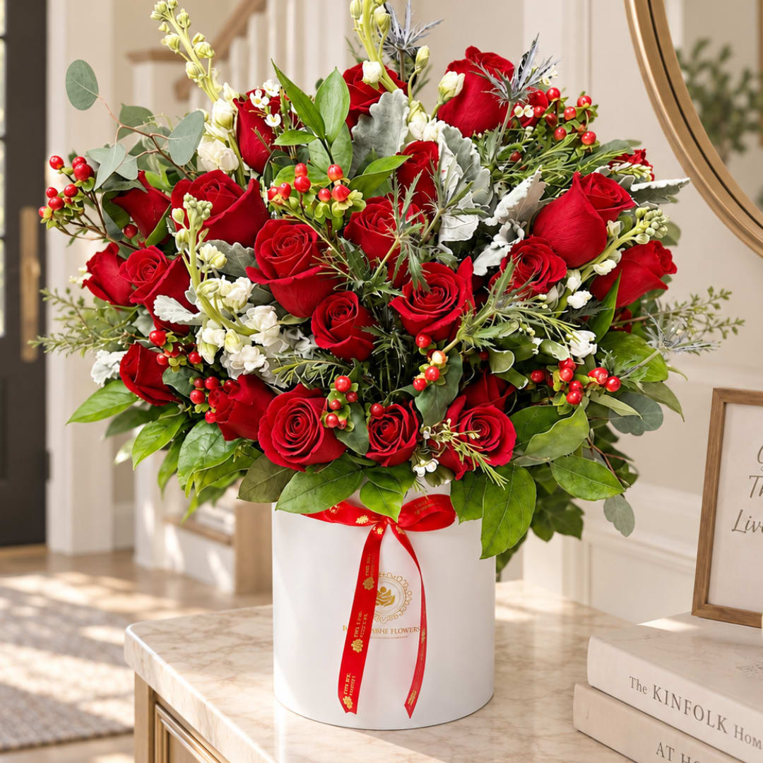 Large red rose arrangement in a white hatbox with a red ribbon