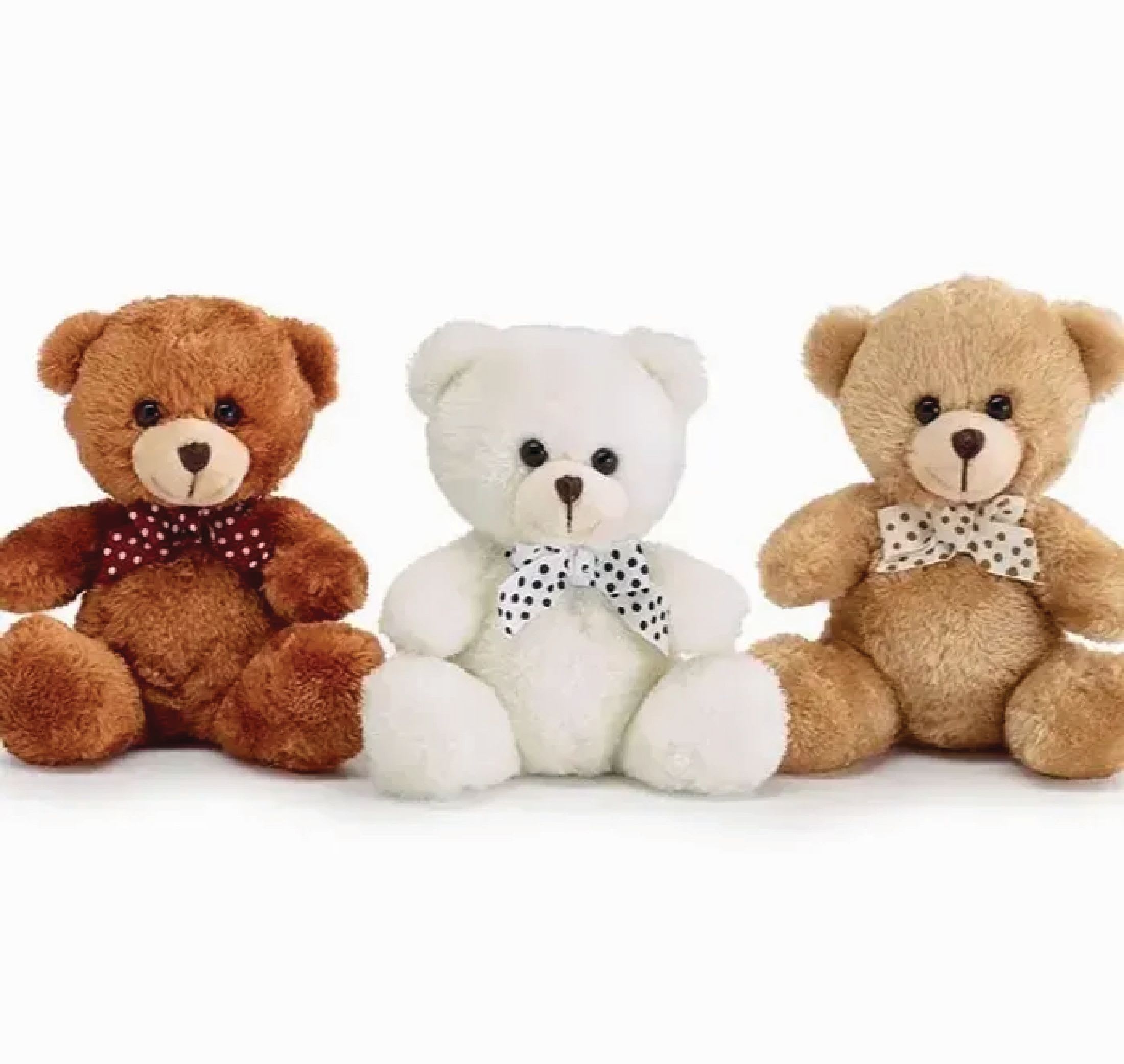 Three teddy bears with polka-dot bows sit side by side.