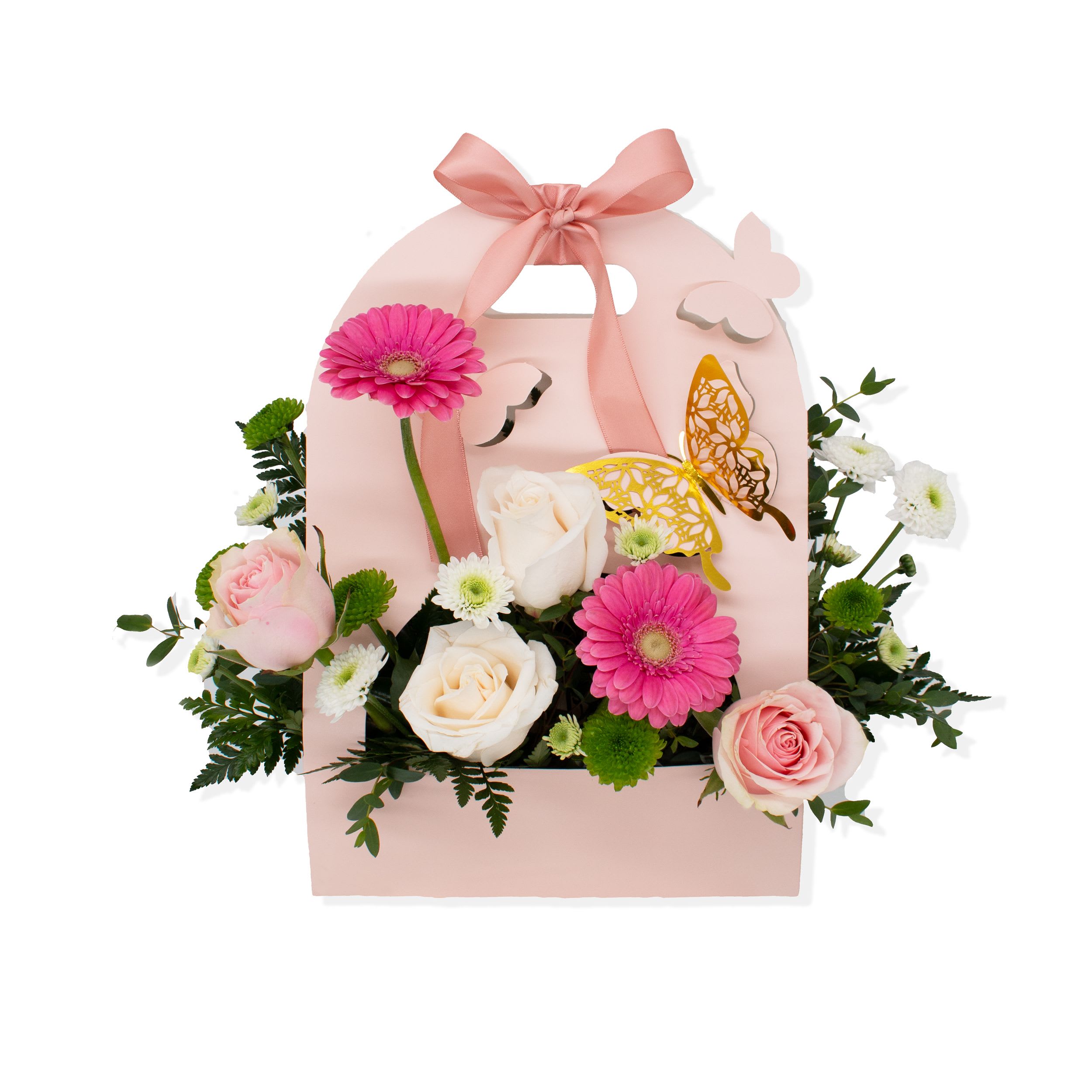 Butterfly Garden - A whimsical garden brought to life, this enchanting arrangement captures the delicate beauty of butterflies dancing among fresh blooms. Soft, lush florals in harmonious hues create a natural, airy design, accented with subtle butterfly details for a magical touch. Perfect for celebrating love, joy, and life’s sweetest moments.