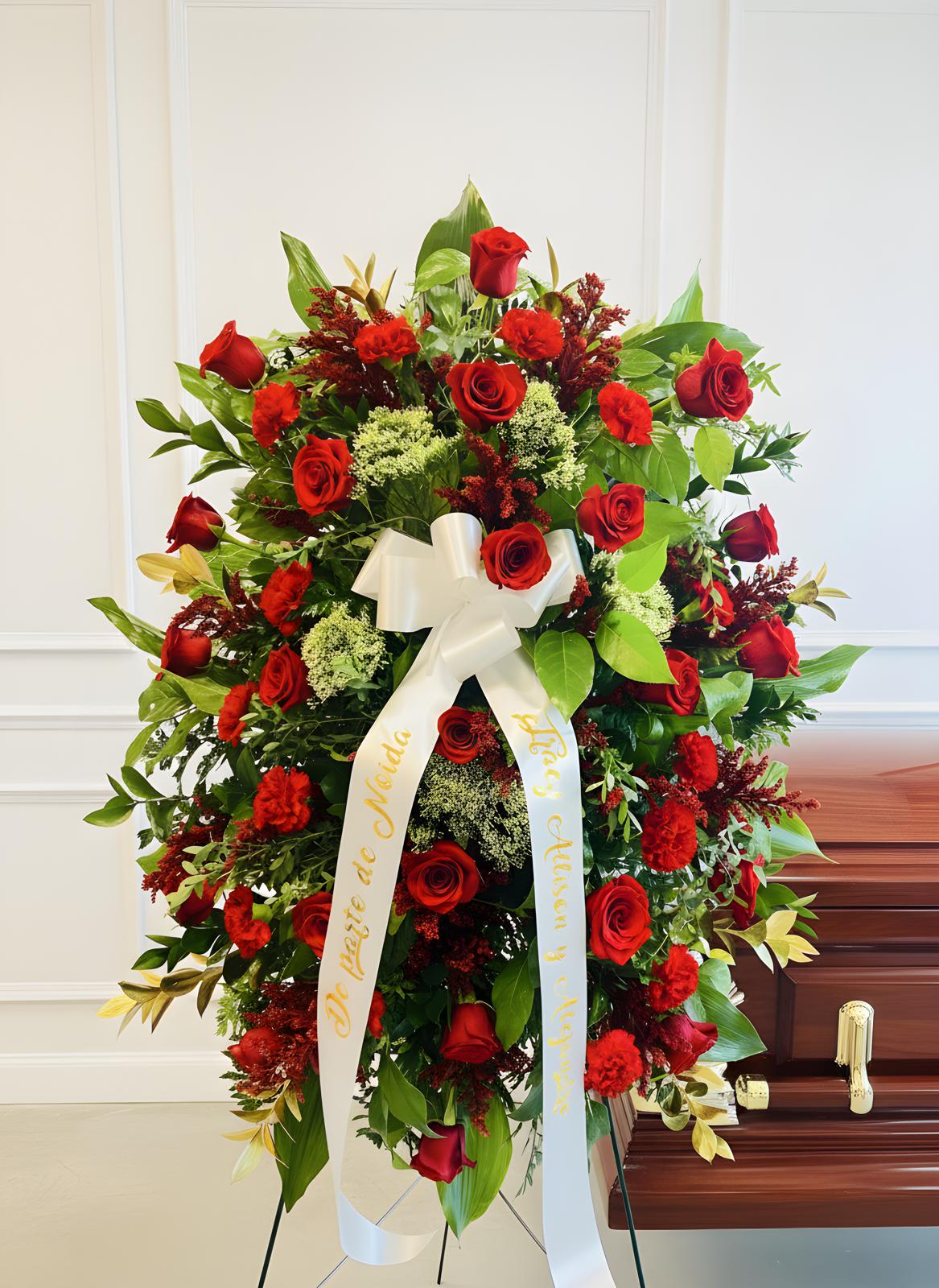 Large red rose funeral spray with white ribbon on an easel