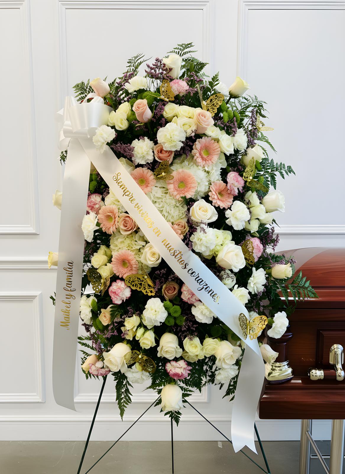 Standing funeral spray of white and blush flowers with ribbons on an easel