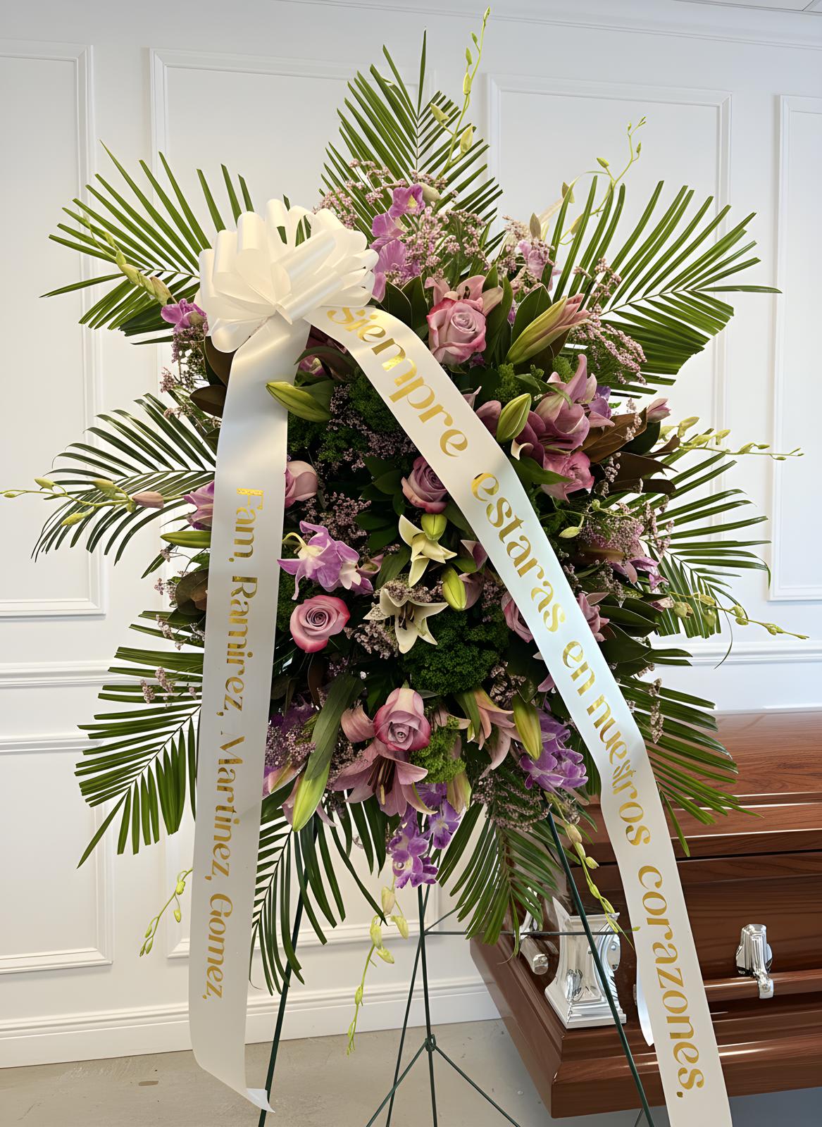Large funeral wreath with pink and purple flowers and white ribbon on a stand