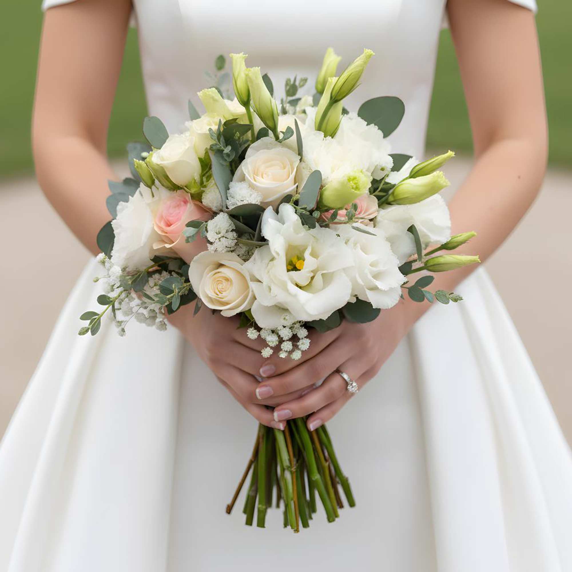 Bride holding a white bouquet with cream and pale pink roses