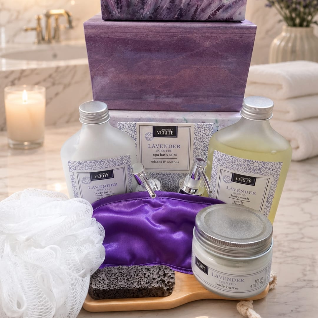 Lavender bath and body gift set with bottles, jars, and a purple pouch