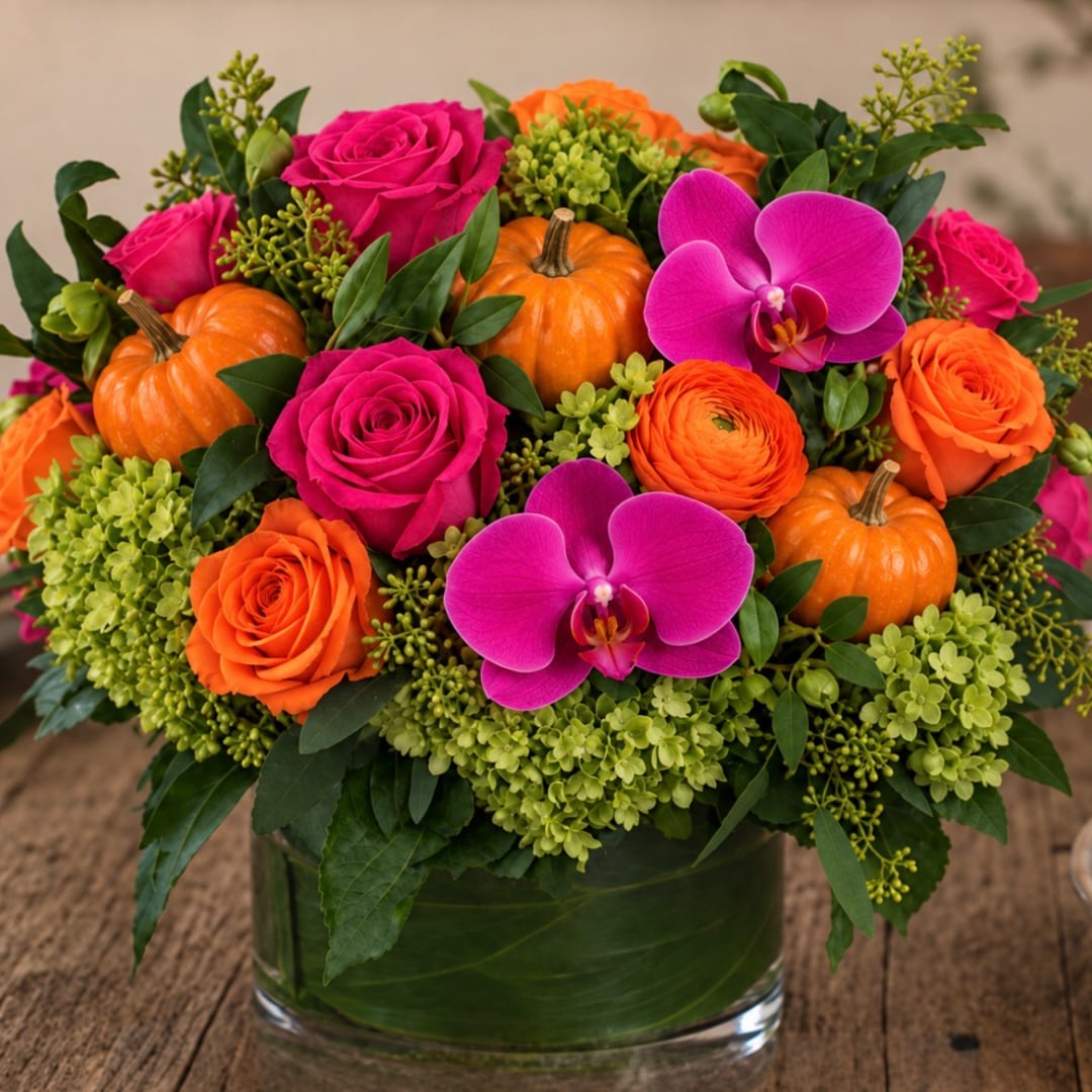 Pink and orange floral arrangement with small pumpkins in a glass vase