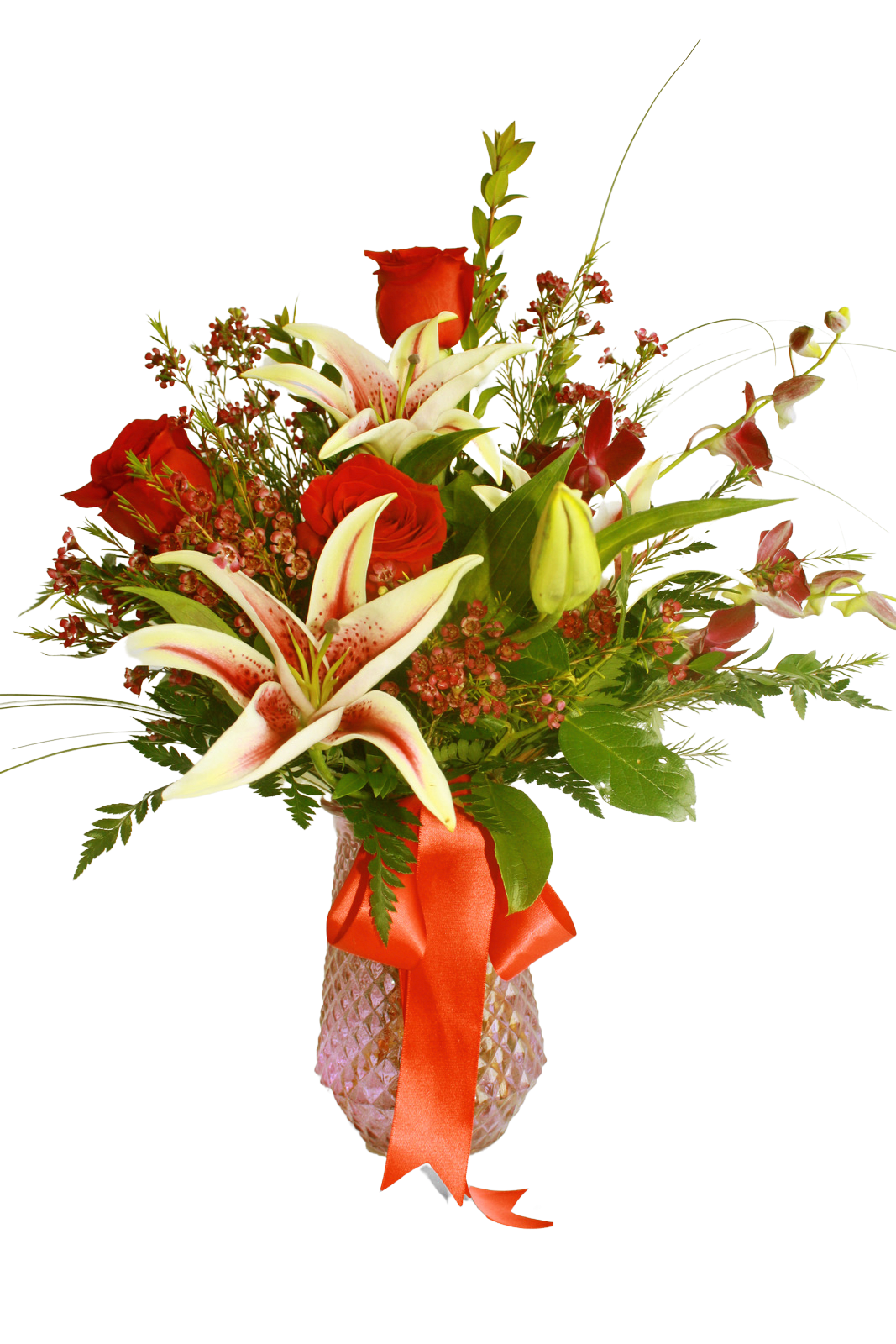 Best Mom Ever - A pink keepsake vase filled with Roses, Stargazer Lilies, Dendrobium Orchids, Waxflower, Bear Grass tied with satin ribbon