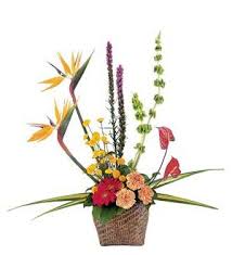 Tropical flower arrangement in a woven basket with tall colorful blooms