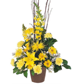 Yellow floral arrangement in a brown vase with tall branches
