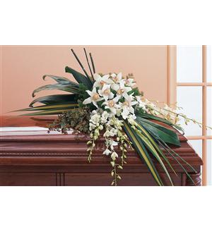 White orchid arrangement on a casket with long green leaves