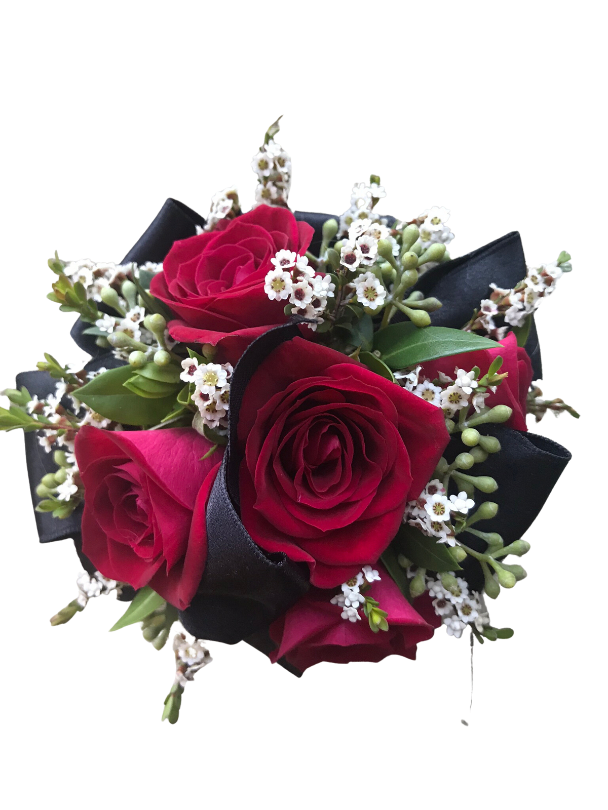 Bouquet of red roses with small white filler flowers and black ribbon