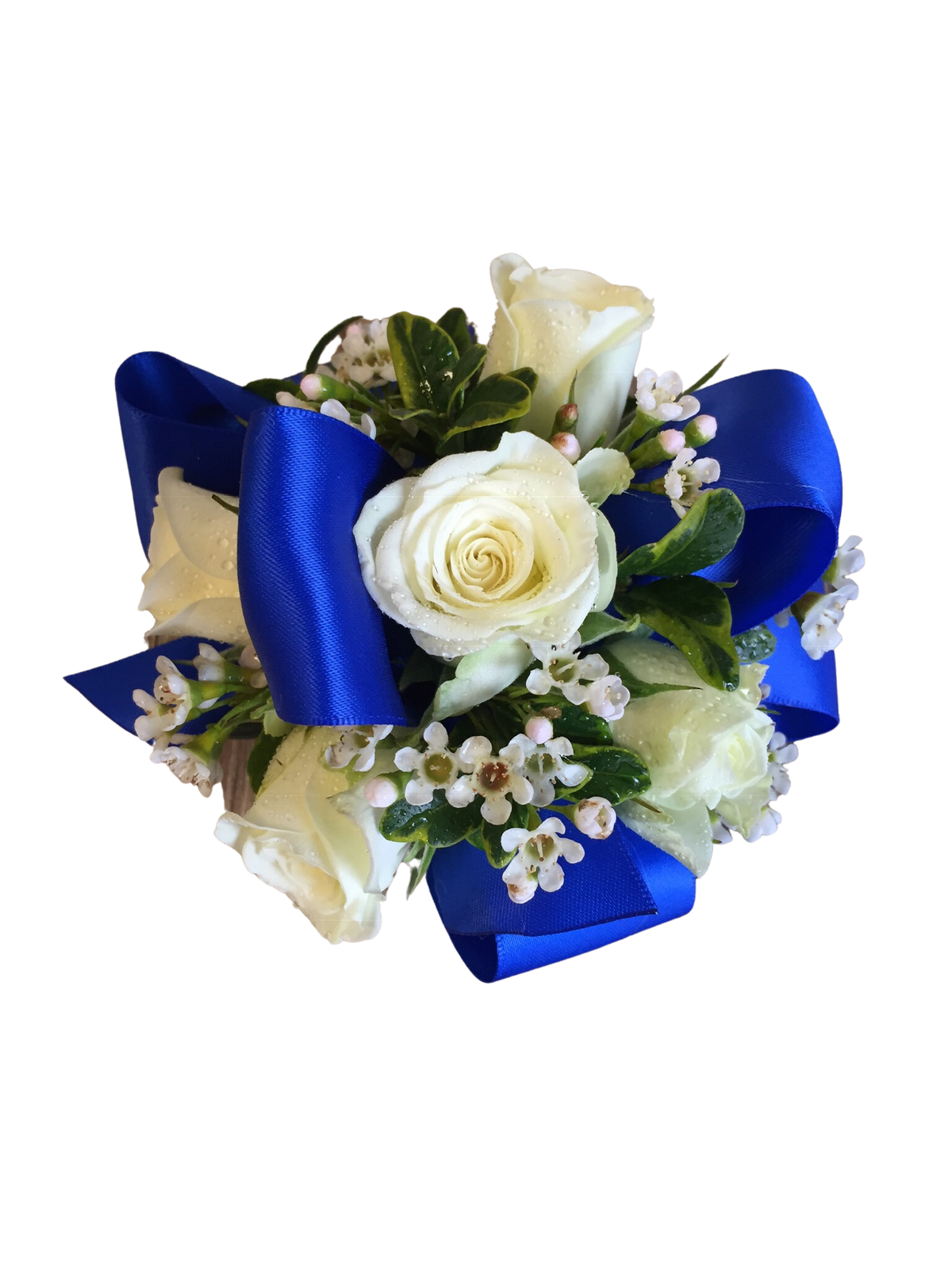 White rose bouquet with blue ribbon and small white filler flowers