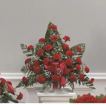 Red carnation arrangement with ribbon and greenery