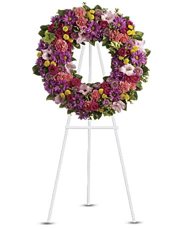 Colorful floral wreath on a standing easel