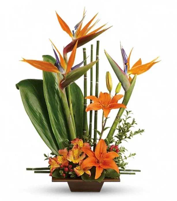 Tropical flower arrangement with orange bird-of-paradise and lilies in a rectangular vase