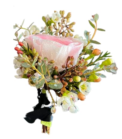 Pink rose bouquet with white blossoms and eucalyptus, wrapped in black ribbon
