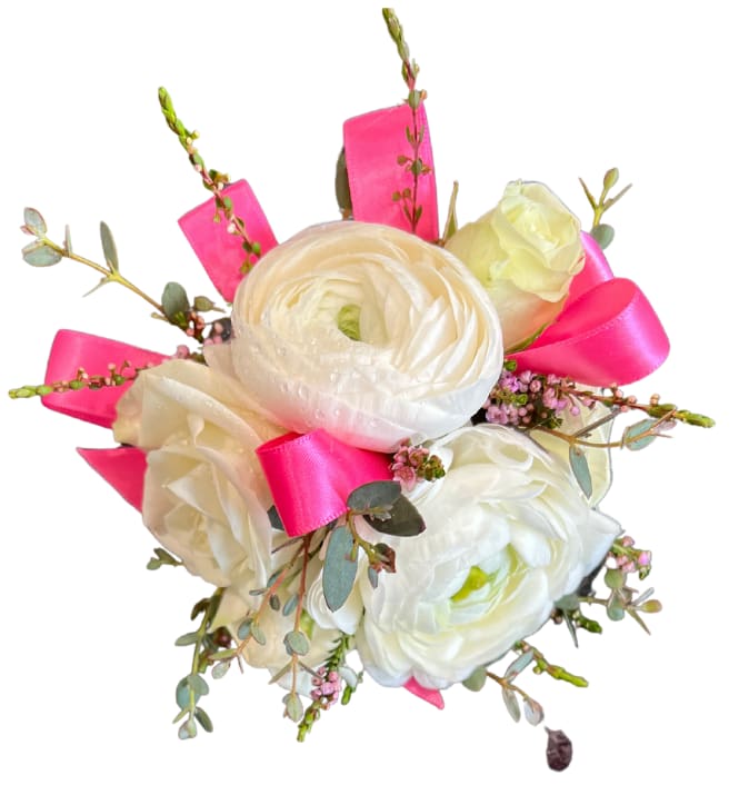 White and blush ranunculus bouquet with bright pink ribbon accents