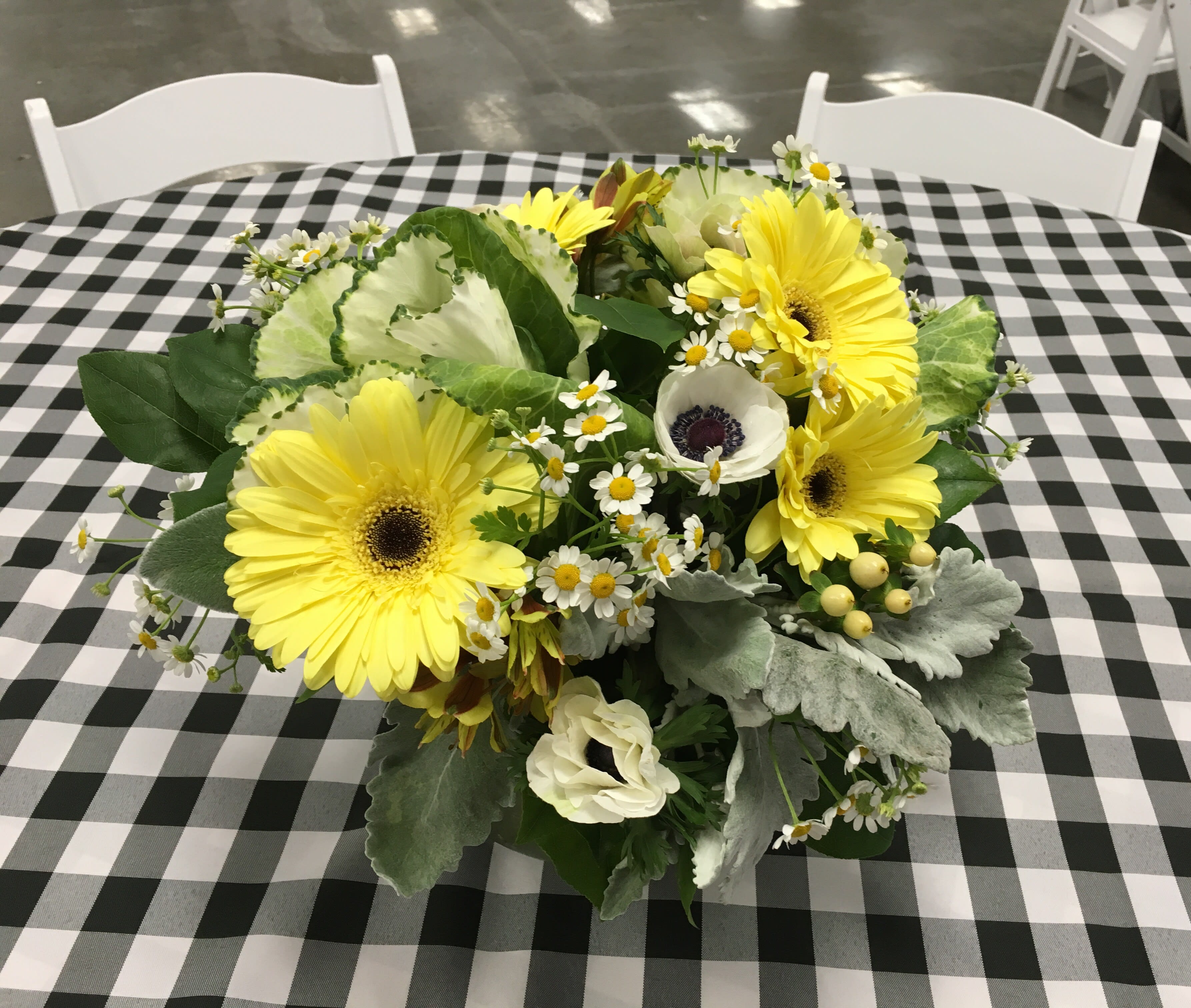 Pastel Gerbera bowl with feverfew - Pretty flowers all the way around.  Lovely on a dining table or coffee table.  Flowers will vary but colors will be kept soft pastel shades.  